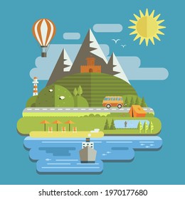 Illustration of the landscape in the flat style of the tourist concept of traveling by streamboat, balloon, car and bicycle.Beach holidays, fishing and camping. Vector illustration.