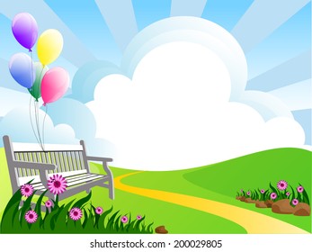 illustration of landscape with flowers clouds and balloons