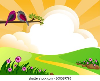 illustration of landscape with flowers clouds and birds