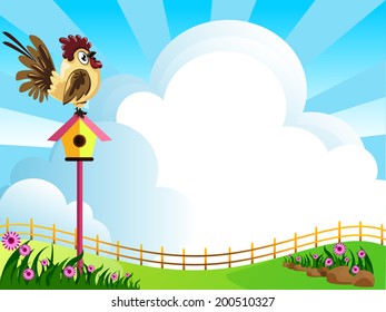 Illustration of landscape with flowers,clouds,and chicken