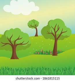 Illustration of landscape with forests, hills, fields, spring or summer view.