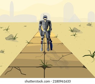 An illustration of a landscape of the future, an anroid man with a rifle, stands on the road, among the sandy landscape. In the background of the city