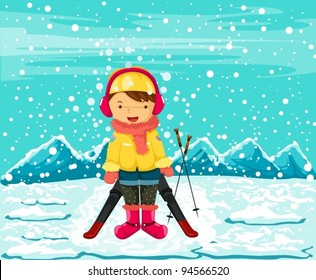 illustration of landscape girl skiing in winter season