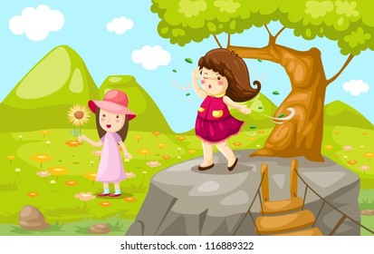 illustration of landscape girls with natural meadow