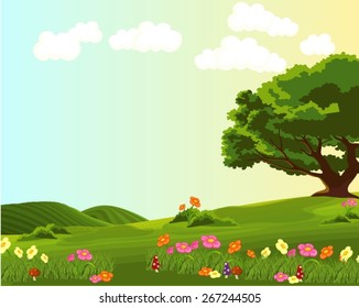 illustration of landscape of green meadow with colorful flowers 