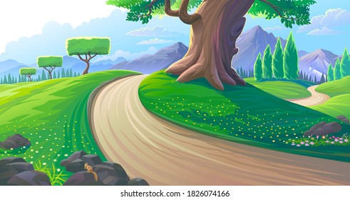 An illustration of a landscape with high mountains, large trees, and a road along the large meadows.