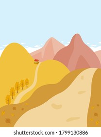 An illustration of a landscape with hiking trails for autumn leaves.