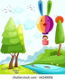 illustration of landscape hot air balloon flying