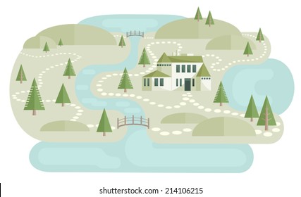 Illustration of landscape with house near river between pine trees. Big country house, abstract trees and bridges. Cute pathways between hills. Traveling theme. Map elements. Flat style. Vector EPS8.