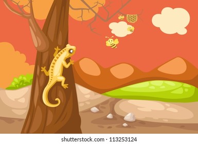 illustration of landscape lizard climbing on the tree