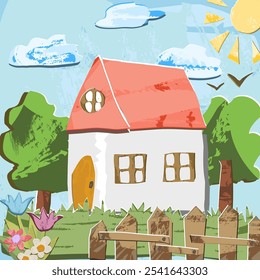 Illustration landscape made of paper cut out with texture. Vector, isolated. Free hand draw. quiet view with sun, trees, house and clouds.