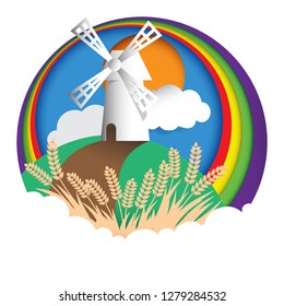 Illustration of landscape with mill, spikelets, rainbow, clouds. Paper art. Origami concept. Vector art and illustration.
