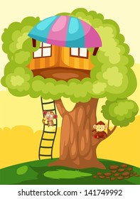 illustration of landscape monkey treehouse