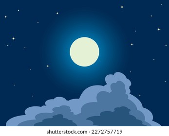 Illustration of landscape with moon, clouds and stars