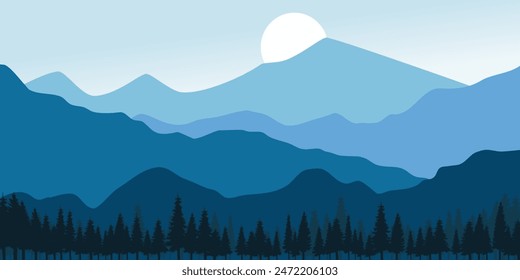 ilustración paisaje cordillera con un cielo azul. Las montañas están cubiertas de árboles y el cielo es claro y brillante. El lugar es tranquilo y sereno