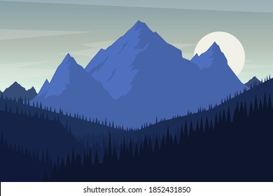 Ilustración del paisaje con montañas de estilo plano. Elemento de diseño para afiche, tarjeta, pancarta, volante. Ilustración vectorial. Ilustración del vector