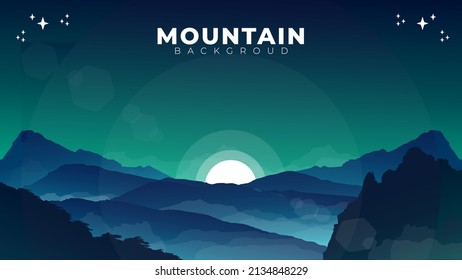 illustration of a landscape with mountains, night landscape, Futuristic night landscape with mountain, fog, moonlight, shine	