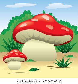 Illustration is a landscape of nature with mushrooms in the woods. Ideal for children's books and institutional material