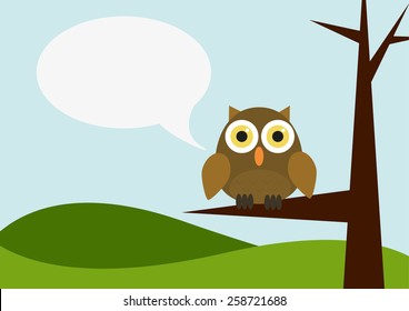 Illustration of landscape with owl siting on a tree with speech bubble