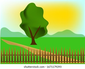 illustration landscape of a picket fence and a tree in the foreground, behind the hills on the horizon, the path leads to the picket fence, against the backdrop of a light blue sunny sky