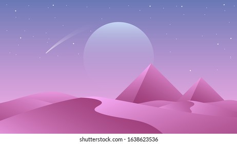 Illustration of a landscape with pyramids in the desert on a background of the moon