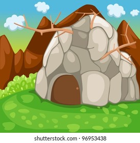 illustration of landscape rock cave in forest