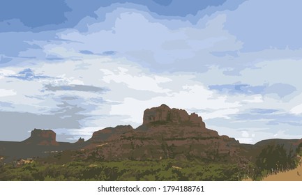 Illustration of a landscape with re rocks and mountains and the blue sky