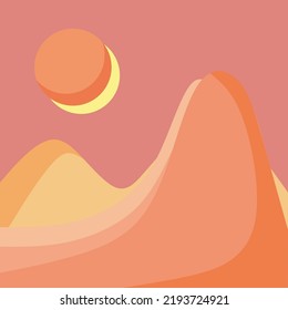 Illustration landscape shapes sun and mountains shades of orange colors