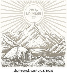 Esbozo paisajístico de ilustración con bosque.Vector Premium