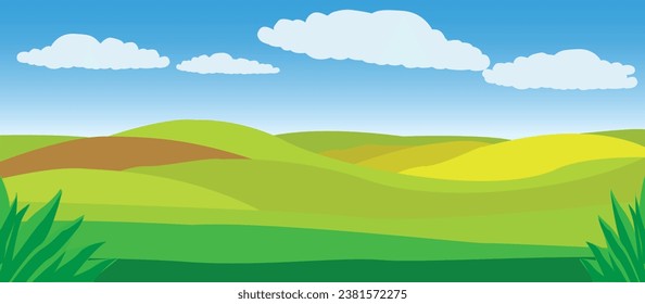 ilustración de un paisaje con nubes de cielo sobre campos prados concepto de verano