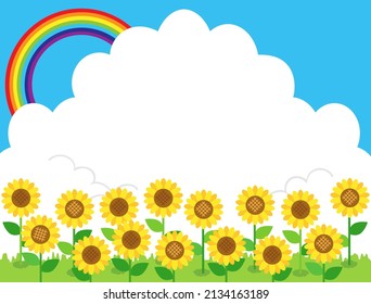It is an illustration of the landscape of sunflowers and rainbows.