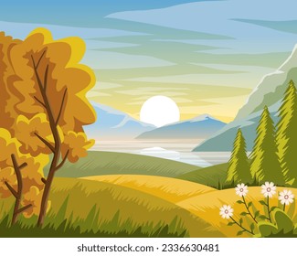 Illustration landscape Sunrise behind the hills and beautiful nature vector