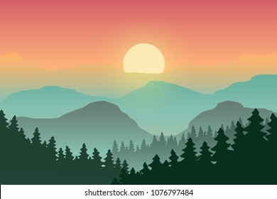 Illustration of the landscape. Sunrise in the mountains.