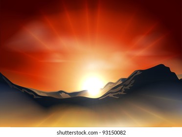 Illustration of landscape with sunrise or sunset over a mountain range