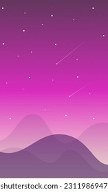 Illustration Of Landscape Sunset  Cosmic Cartoon Vertical Mobile Background Magic Purple Stars Clouds Vector Design