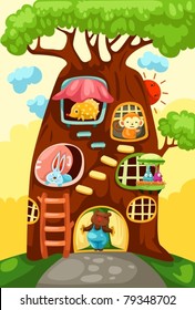 illustration of landscape tree house of animals