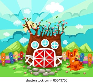 illustration of landscape tree house in spring season
