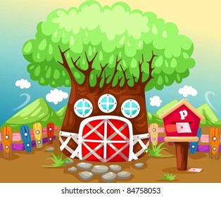 illustration of landscape tree house in summer season