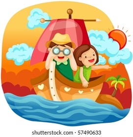 illustration of landscape two kids sailing in the sea