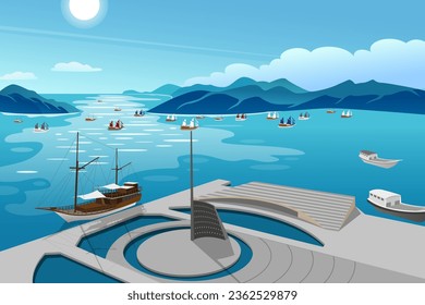 Illustration of landscape view of Labuan Bajo Waterfront ( port of Flores in the East Nusa Tenggara region of Indonesia ). Beautiful illustration of sea, phinisi ship, 
fishing boats and blue sky.