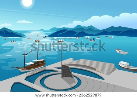 Illustration of landscape view of Labuan Bajo Waterfront ( port of Flores in the East Nusa Tenggara region of Indonesia ). Beautiful illustration of sea, phinisi ship, 
fishing boats and blue sky.