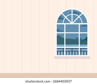 Ilustração de uma vista de paisagem a partir de uma janela à noite