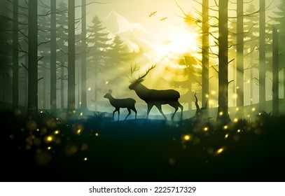 Ilustración de Paisaje con Bosque Silvestre, Árboles, Montaña. Aves voladoras, ciervos en el bosque húmedo mágico al amanecer.