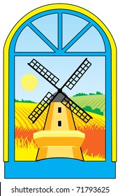 Illustration of the landscape with wind mill and the field.