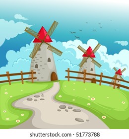 illustration of landscape windmill building