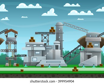 Illustration of landscape ,with constructions and buildings, vector unending background with separated layers for game.