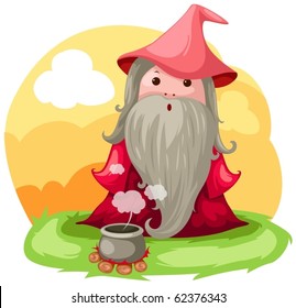 illustration of landscape wizard with cauldron