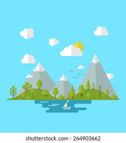 Illustration landscape woods valley hill forest land, nature background in flat style -  vector