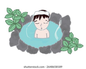 Illustration of a landscape with a young man bathing in an outdoor open-air bath