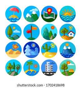 illustration of landscapes and nature cartoon icons set